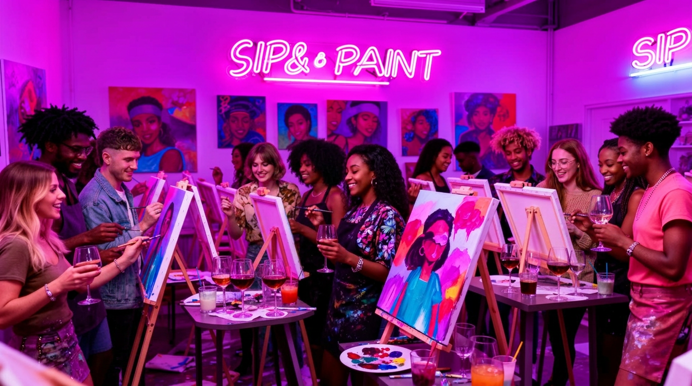 90s R&B Sip and Paint event with people painting